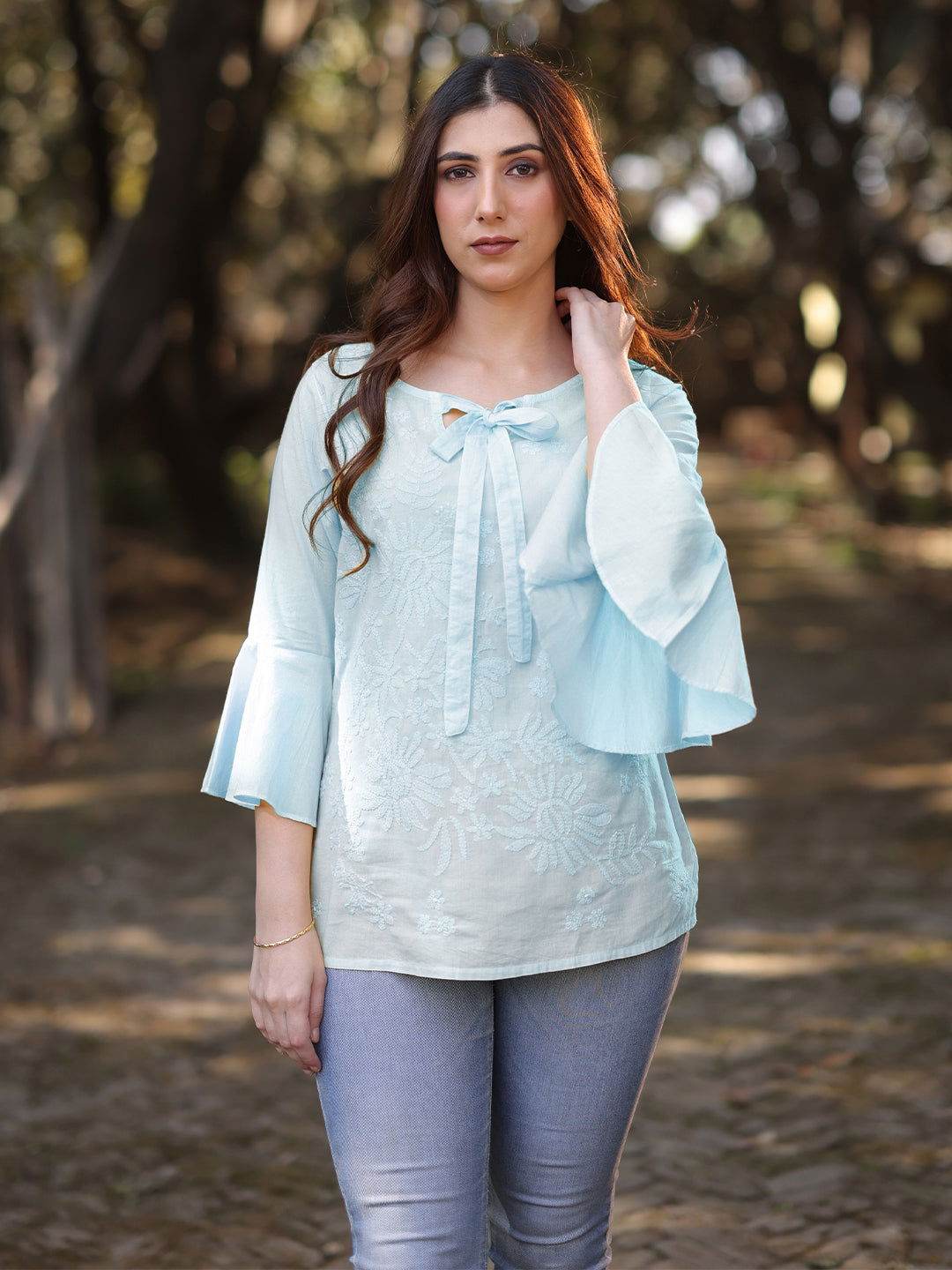 IQRA Chikankari Cotton Bell Sleeves Top - KRI CHIKANKARI